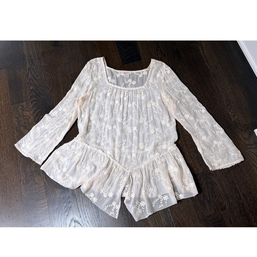 Sundance Silk Blouse Embroidered Sheer Peplum Ivory Large Boho Ethereal Fairy